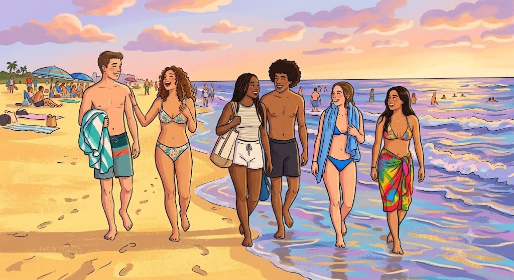 Skilled prompt result: detailed illustration of young people at a beach